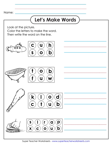 Worksheets - Color the Letters & Write (-ub)
