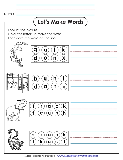 Worksheets - Color the Letters & Write (-unk)