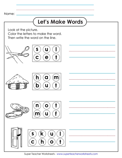 Worksheets - Color the Letters & Write (-ut)
