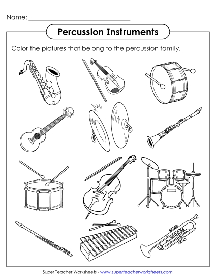 Worksheets - Color the Percussion Instruments (Printable PDF Worksheet)