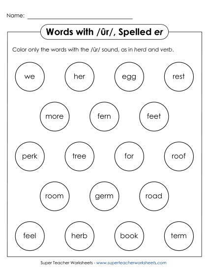 Worksheets - Color the Word: /ûr/ Spelled <i>er</i> Worksheets - Color the Word: /ûr/ Spelled <i>er</i>