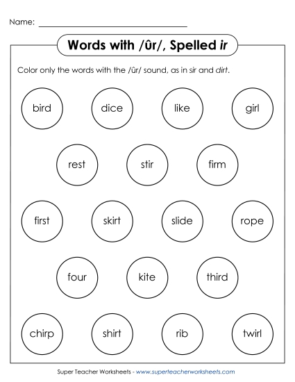 Worksheets - Color the Word: /ûr/ Spelled <i>ir</i> Worksheets - Color the Word: /ûr/ Spelled <i>ir</i>