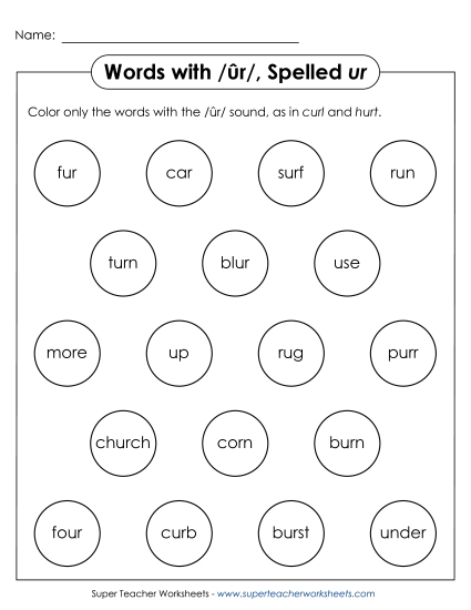 Worksheets - Color the Word: /ûr/ Spelled <i>ur</i> Worksheets - Color the Word: /ûr/ Spelled <i>ur</i>