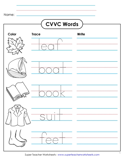 CVVC Worksheets - Color, Trace, and Write (CVVC) (Printable PDF Worksheet)