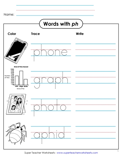 Worksheets  - Color, Trace, and Write (PH Words) (Printable PDF Worksheet)
