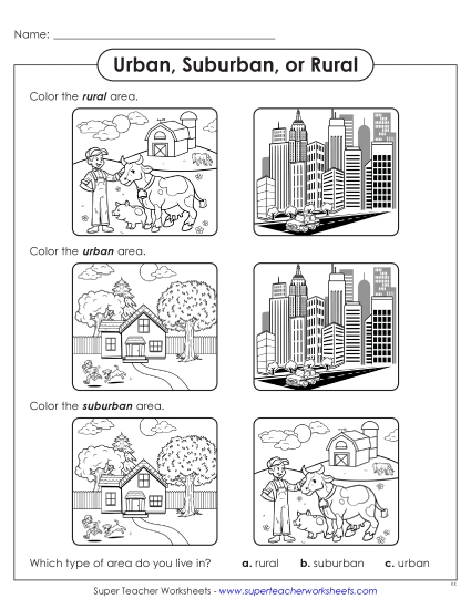 Urban, Suburban, and Rural - Color: Urban Suburban, or Rural (Printable PDF Worksheet)