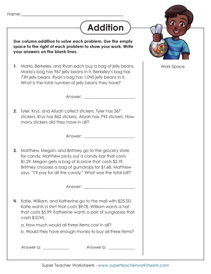 Mixed Math (Level C: Grade 3) - Column Addition Word Problems Worksheet #2 Mixed Math (Level C: Grade 3) - Column Addition Word Problems Worksheet #2