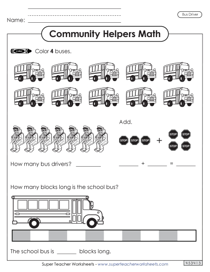 Mixed Math Skills (Very Basic) - Community Helpers Math: Bus Driver