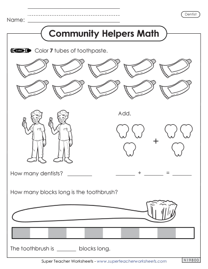 Mixed Math Skills (Very Basic) - Community Helpers Math: Dentist