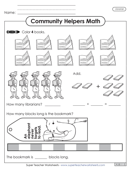 Mixed Math Skills (Very Basic) - Community Helpers Math: Librarian