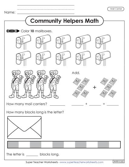 Mixed Math Skills (Very Basic) - Community Helpers Math: Mail Carrier