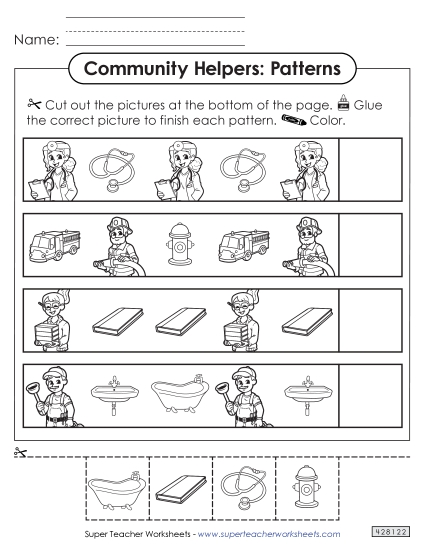 Patterns (Cut & Glue) - Community Helpers: Patterns Worksheet #1 Patterns (Cut & Glue) - Community Helpers: Patterns Worksheet #1