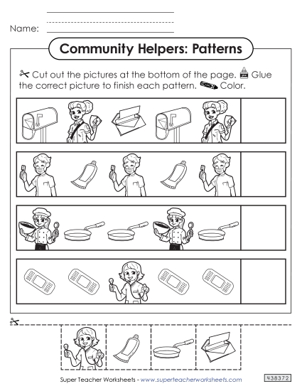 Patterns (Cut & Glue) - Community Helpers: Patterns Worksheet #3 Patterns (Cut & Glue) - Community Helpers: Patterns Worksheet #3