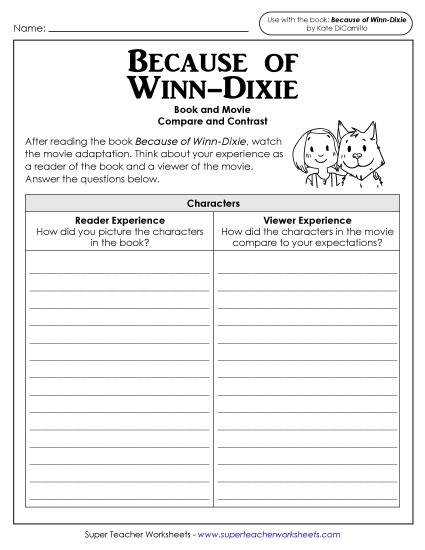 Movie-Book Compare & Contrast - Compare & Contrast:  Character, Setting, and Key Events (Printable PDF Worksheet)