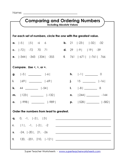 Absolute Value - Compare and Order Numbers With Absolute Values Absolute Value - Compare and Order Numbers With Absolute Values
