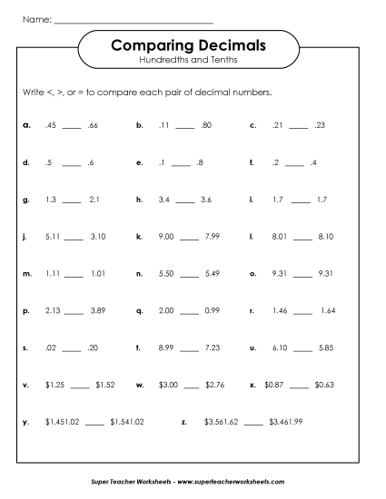 Comparing Decimals - Compare Decimals #2 (Tenths and Hundredths)