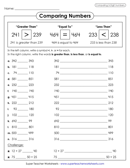 Comparing Numbers - Comparing 3-Digit Numbers