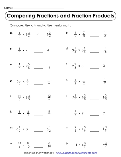 Mixed Skills: Multiplying Fractions, Whole Numbers, and Mixed Numbers - Comparing Fractions and Fraction Product (Scaling)