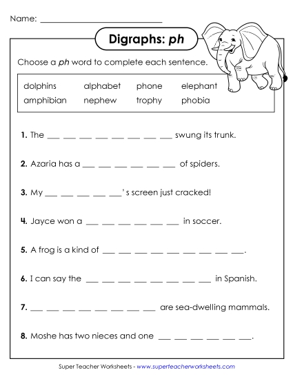 Worksheets  - Complete the Sentences (PH Words) (Printable PDF Worksheet)
