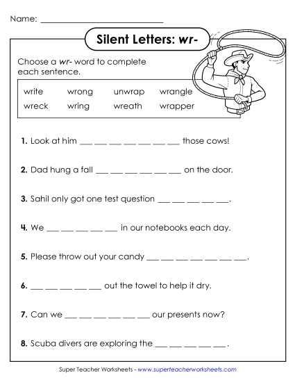 Worksheets - Complete the Sentences (Wr- Words) (Printable PDF Worksheet)