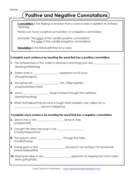 Worksheets - Connotations: Complete the Sentence