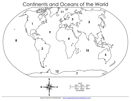 World Maps - Continents & Oceans (Numbered) World Maps - Continents & Oceans (Numbered)