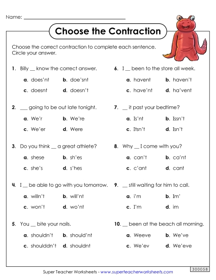 Worksheets - Contraction Choices