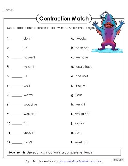 Worksheets - Contraction Match Worksheets - Contraction Match