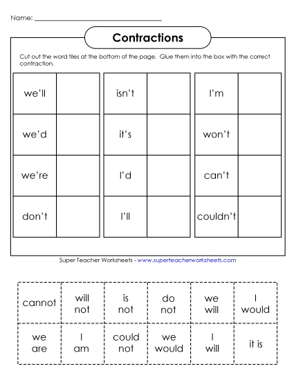 Worksheets - Contractions: Cut & Paste Activity 1