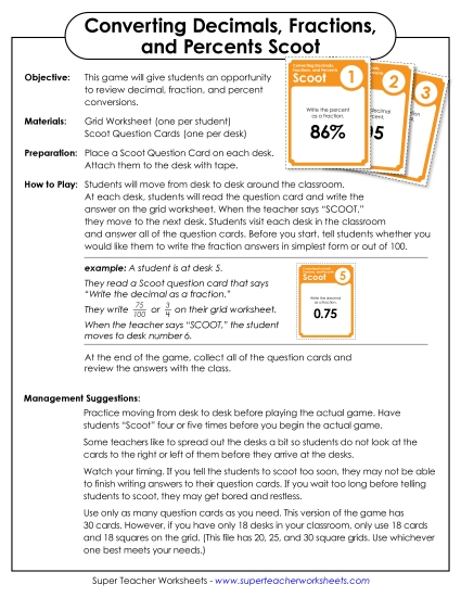 Scoot Game - Converting Decimals, Fractions, and Percents Scoot Game