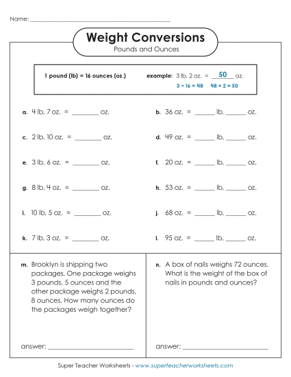 Worksheets - Converting Pounds and Ounces