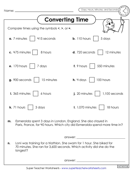Days, Hours, Minutes, Seconds - Converting Time: Days, Hours, Minutes & Seconds Greater Than, Less Than, or Equal to 