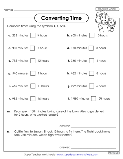 Hours & Minutes - Converting Time: Hours and Minutes Greater Than, Less Than, or Equal to Hours & Minutes - Converting Time: Hours and Minutes Greater Than, Less Than, or Equal to