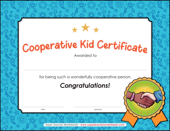 Character Awards - Cooperative Kid Certificate Character Awards - Cooperative Kid Certificate