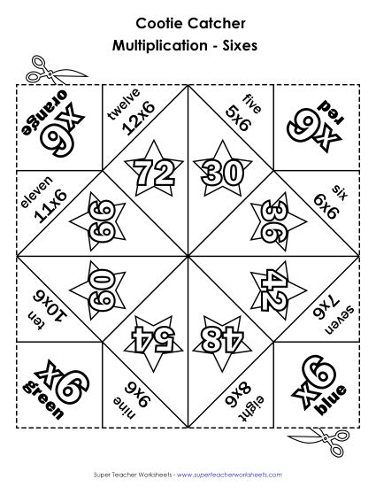 Multiplication by 6s Only - Cootie Catcher: Multiply by 6s