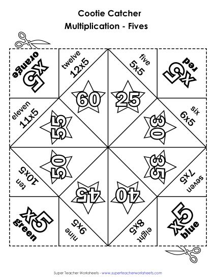 Multiplication Basic Facts - Cootie Catcher Multiply by FIVE