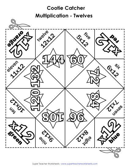 Multiplication Basic Facts - Cootie Catcher Multiply by TWELVE