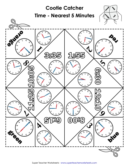 Reading Clocks: Nearest 5 Minutes - Cootie Catcher: Nearest 5 Mins