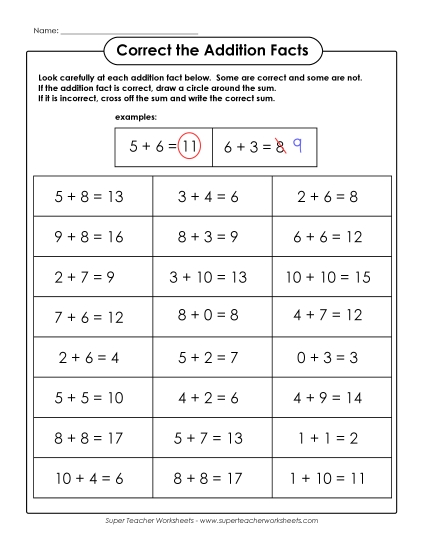 Addition Worksheets & Games - Correct the Addition