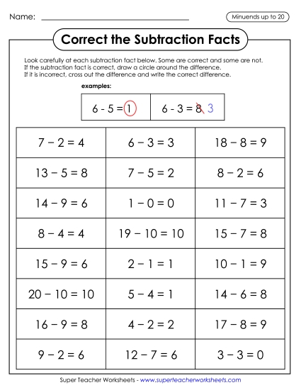 Subtraction Fact Practice - Correct the Subtraction Facts Subtraction Fact Practice - Correct the Subtraction Facts