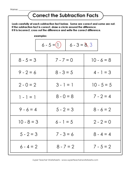 Subtraction Fact Practice - Correct the Subtraction