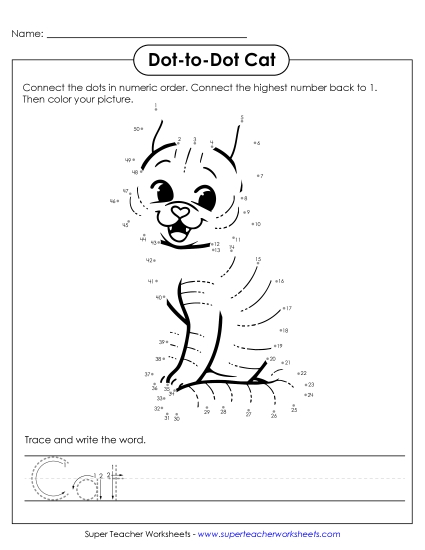 Count and Write - Count to 50 & Write: Cat (Printable PDF Worksheet)