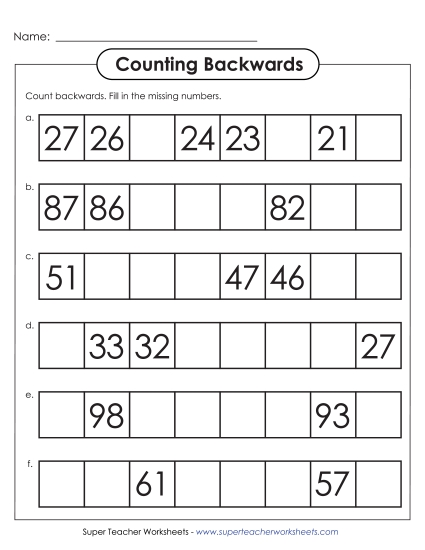 Counting Backwards: Fill In Counting Backwards: Fill In