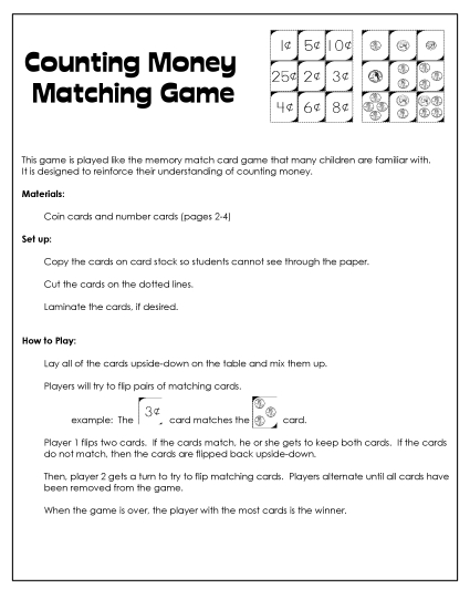 Games, Puzzles, Task Cards - Counting Money Memory Game (Basic) Games, Puzzles, Task Cards - Counting Money Memory Game (Basic)