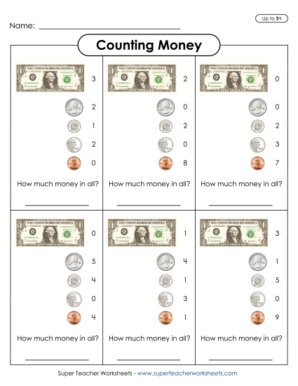 Amounts Up to $4 - Counting Money Sets (Up to $4)