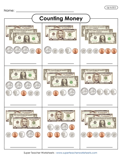 Mixed Coins and Bills - Counting Money up to $12