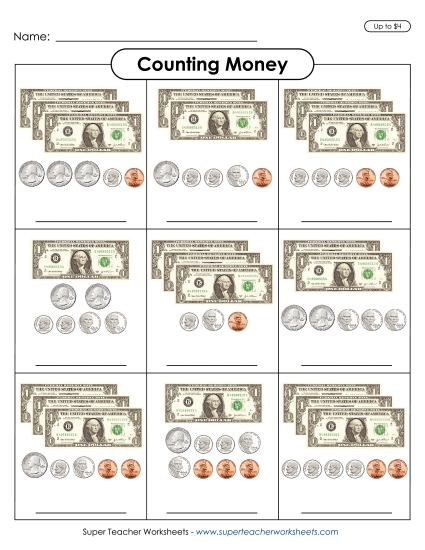 Mixed Coins and Bills - Counting Money up to $4