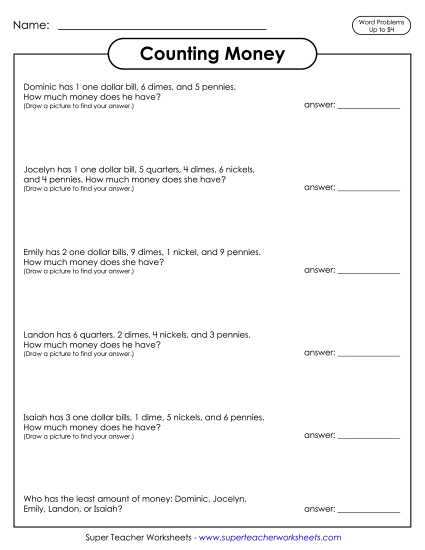 Amounts Up to $4 - Counting Money Word Problems
