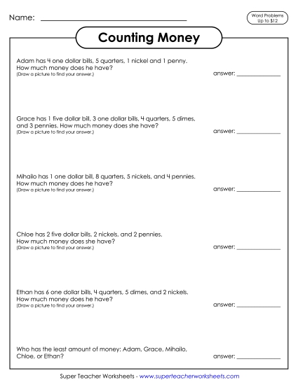 Amounts Up to $12 - Counting Money Word Problems up to $12