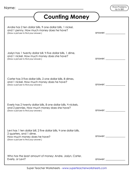 Amounts Up to $50 - Counting Money Word Problems up to $50